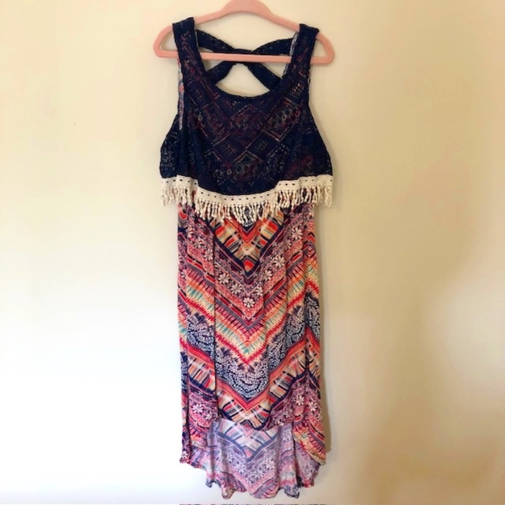 2-Hip by Wrapper Boho Sleeveless High-Low Dress, Navy/Multi, Crochet Trim, Sz 8